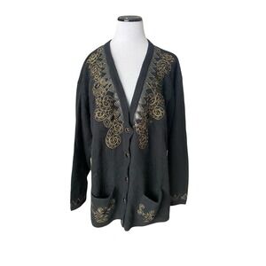 Vintage 80s Dynasty Glam Angora Lambswool Embellished Cardigan Size L Black Gold